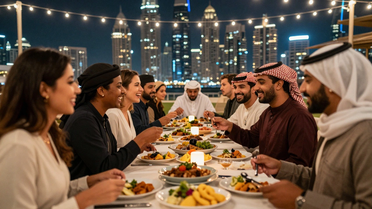 Group of people sharing food at the Dubai Food Festival under string lights.